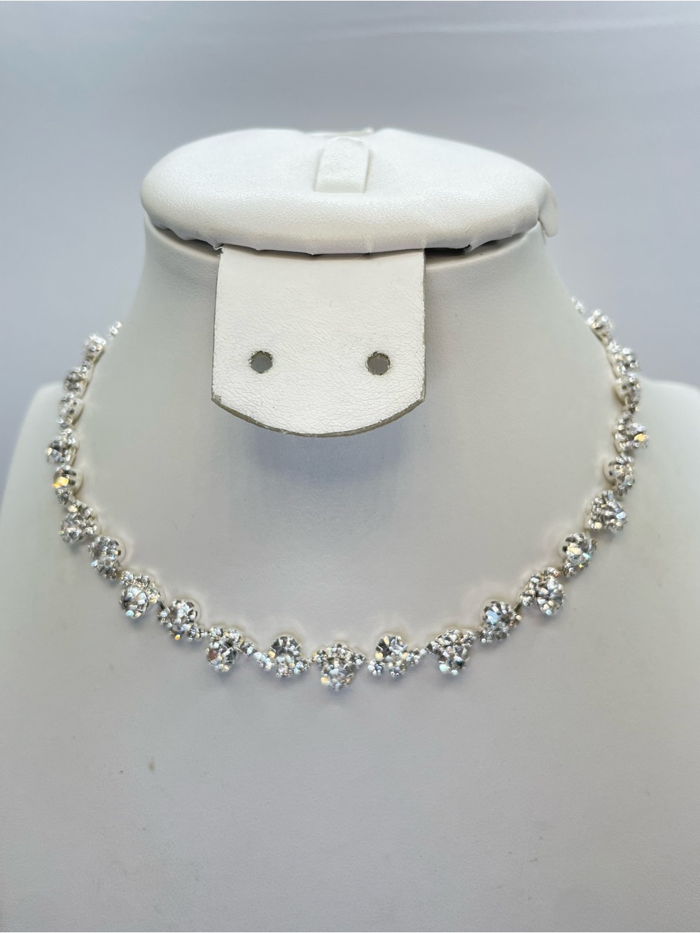 Silver Tone White Crystal Tennis Necklace Dainty Glam Choker 13-19” Bridal